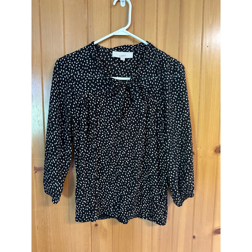 LOFT Womens XS Black White Abstract Dot‎ Tie Neck Office 3/4 Sleeve Blouse Top